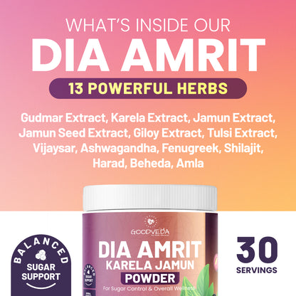 Dia Amrit Karela Jamun Powder Ayurvedic Sugar Control Formula with 13 Potent Herbs